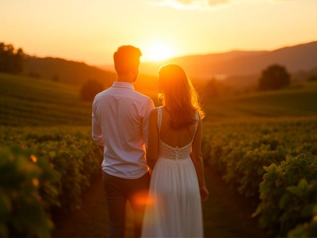 Pareja de recién casados caminando en una hacienda cafetera al atardecer