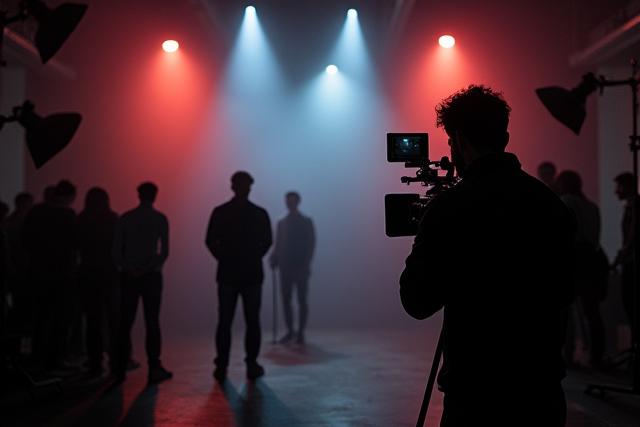 Equipo de filmación profesional rodando una escena con iluminación cinematográfica.
